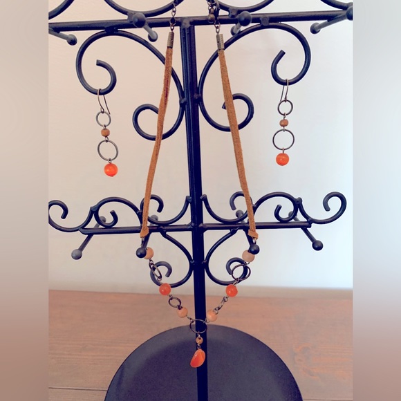 Orange beaded necklace and matching earrings with suede straps. Cute set! - Picture 3 of 8
